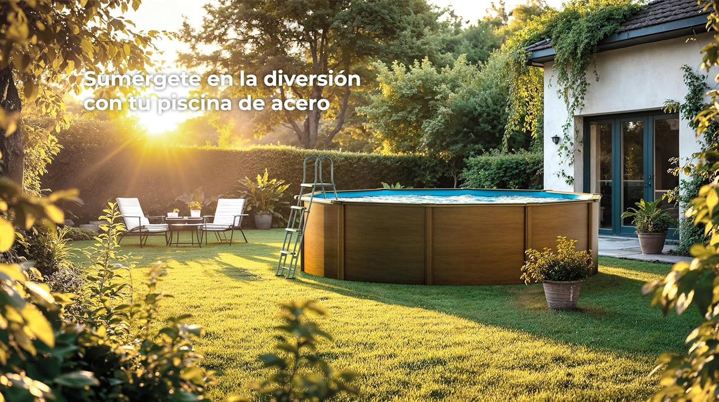 Gre KITPR353W Piscina de Acero Elevada, Redonda con Aspecto Madera, Piscinas Desmontables para Jardín, 350 x120 cm, Sicilia