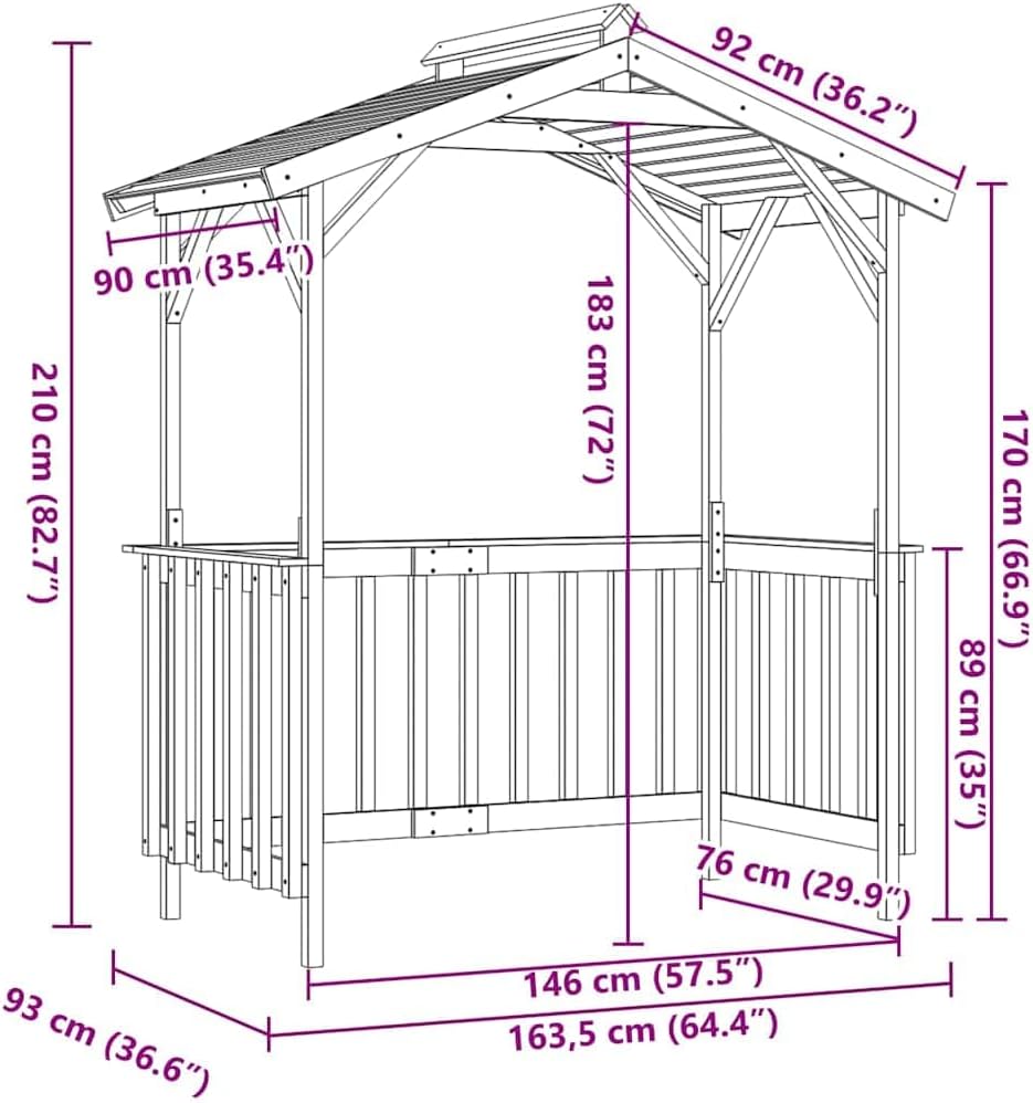Pabellón para Barbacoa de Madera de Pino impregnada, 163,5x93x210 cm, caseta de jardín de Madera con Techo Inclinado, pérgola para barbacoas al Aire Libre y Fiestas en el jardín.