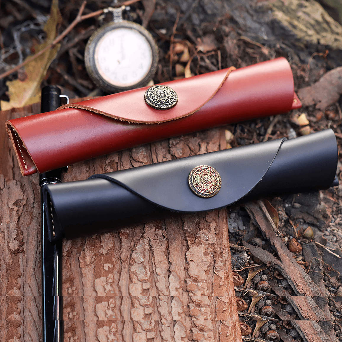 Leather Pen Case – Slim Roll Pencil Pouch with Vintage Button Closure
