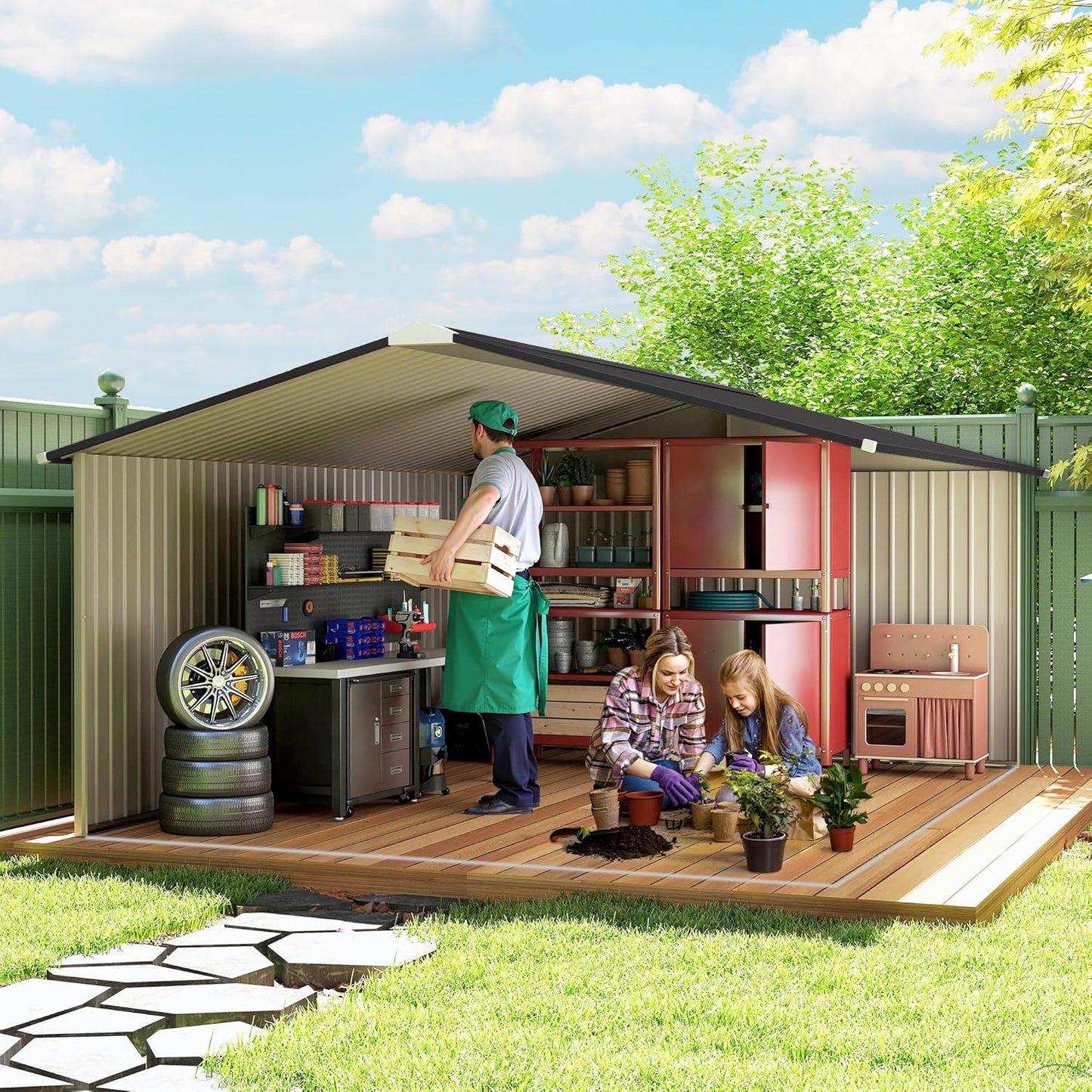 Outsunny Caseta de Jardín Exterior, 12,4 m² 340x386x200 cm, Cobertizo de Jardín Exterior Metálico con Techo de Fibra de Vidrio, Puerta Corredera, Base Refuerzo (Suelo NO Incluido) y Ventanas Marrón