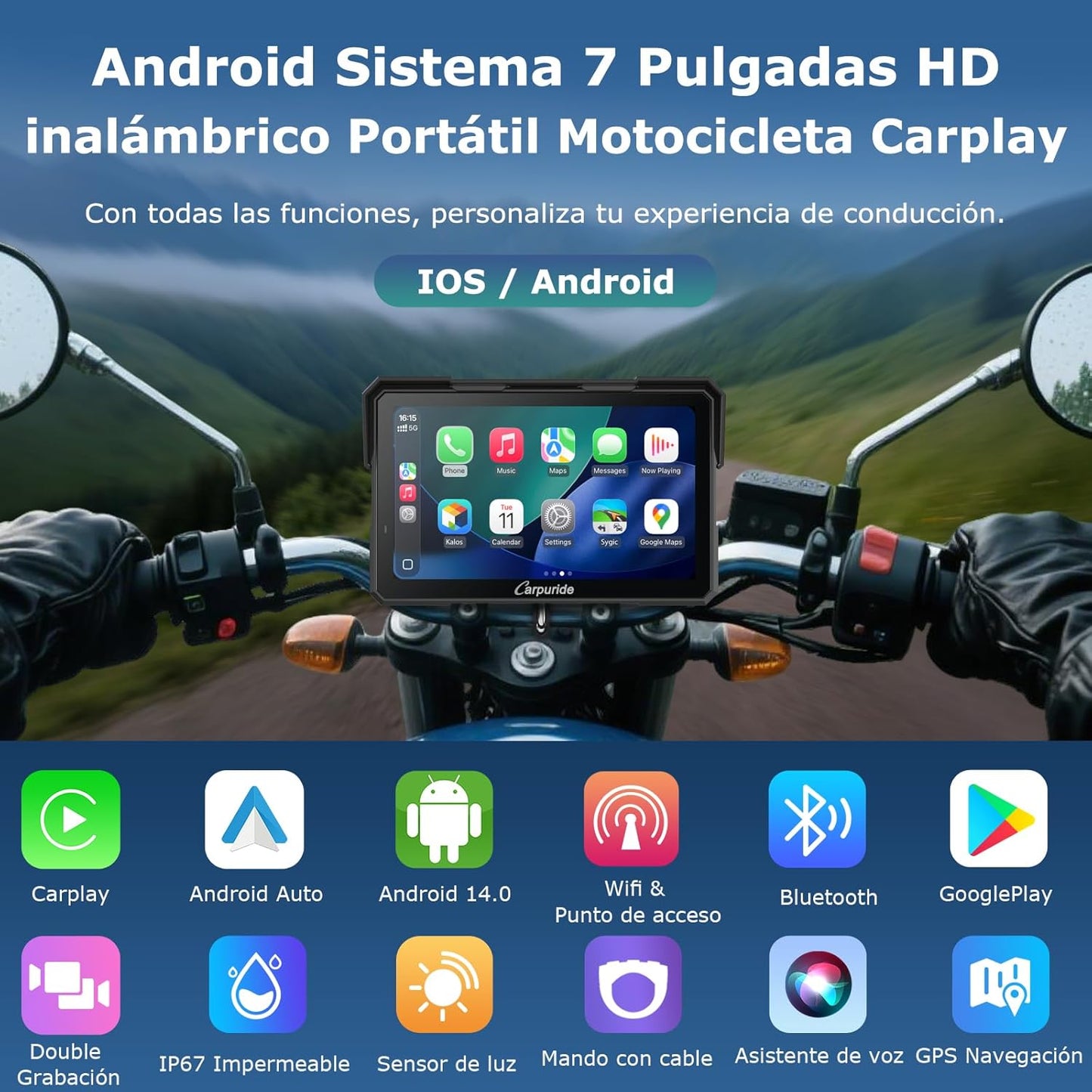 Carpuride W702 Plus Android 14 Motocicleta Carplay Pantalla con Doble Cámara, CarPlay y Android Auto Inalámbricos,7" Pantalla Táctil Impermeable, Audio BT,Grabación Bucle, Navegación Online y Offline.