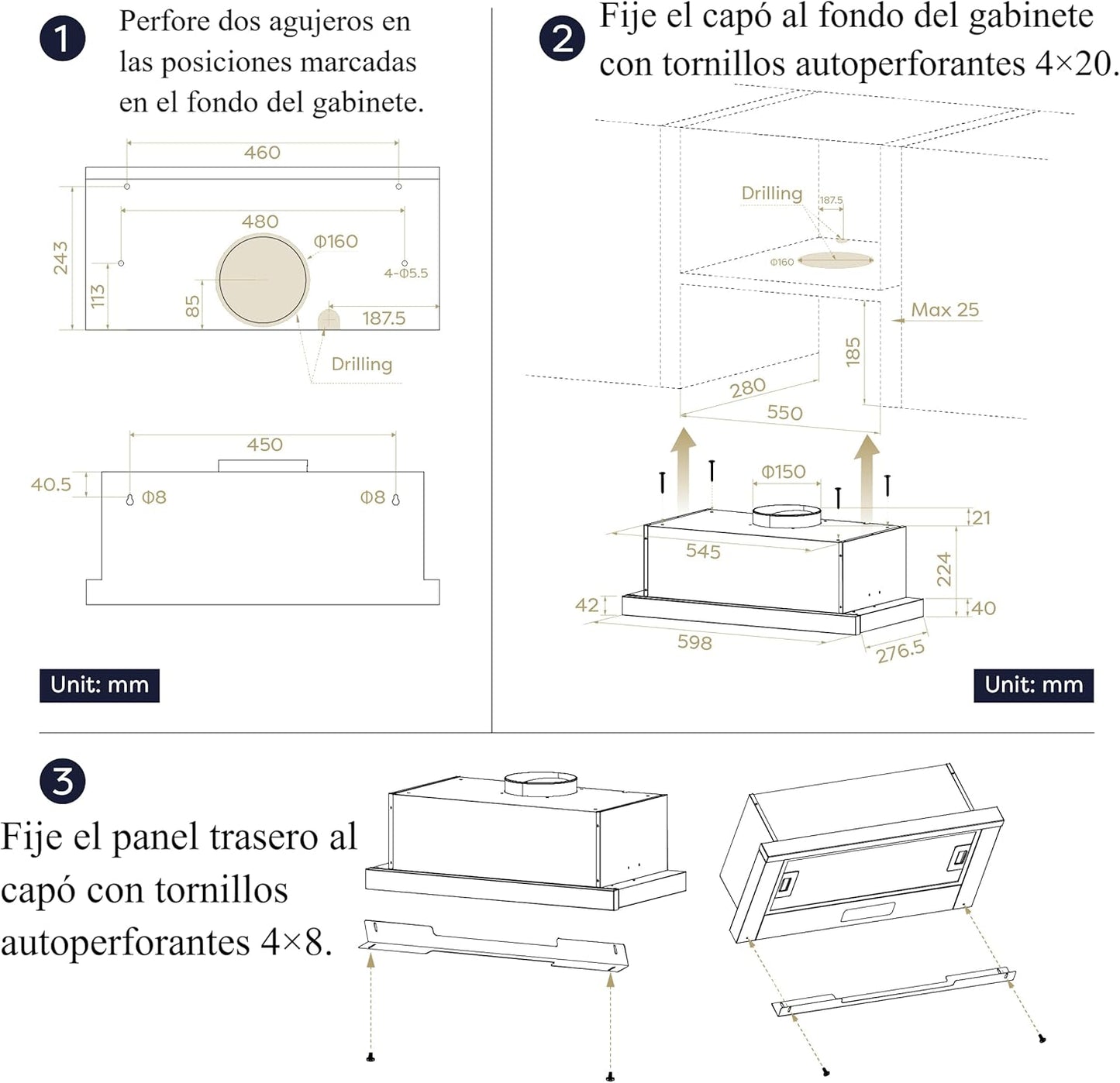 CIARRA CBCB6909A Campana Extractora Telescópica Negra Cocina 60 cm 600 m³ / h Clase A+ 3 Niveles Control Táctil Iluminación LED Filtro de Carbón CBCF055
