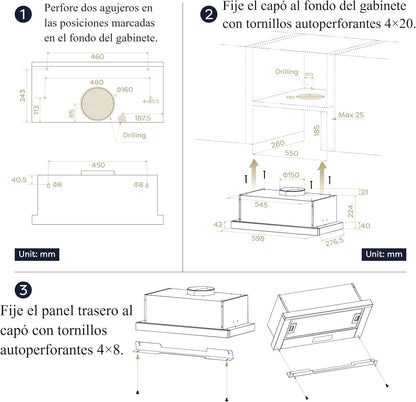 CIARRA CBCB6909A Campana Extractora Telescópica Negra Cocina 60 cm 600 m³ / h Clase A+ 3 Niveles Control Táctil Iluminación LED Filtro de Carbón CBCF055