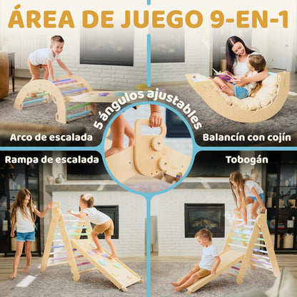 9en1 Montessori triangulo pikler Grande de 1 a 7+ años, 5 ángulos Ajustables, Parque Infantil Exterior y Interior en Madera para la Escalada con Arco pikler y rampa Pickler para niños