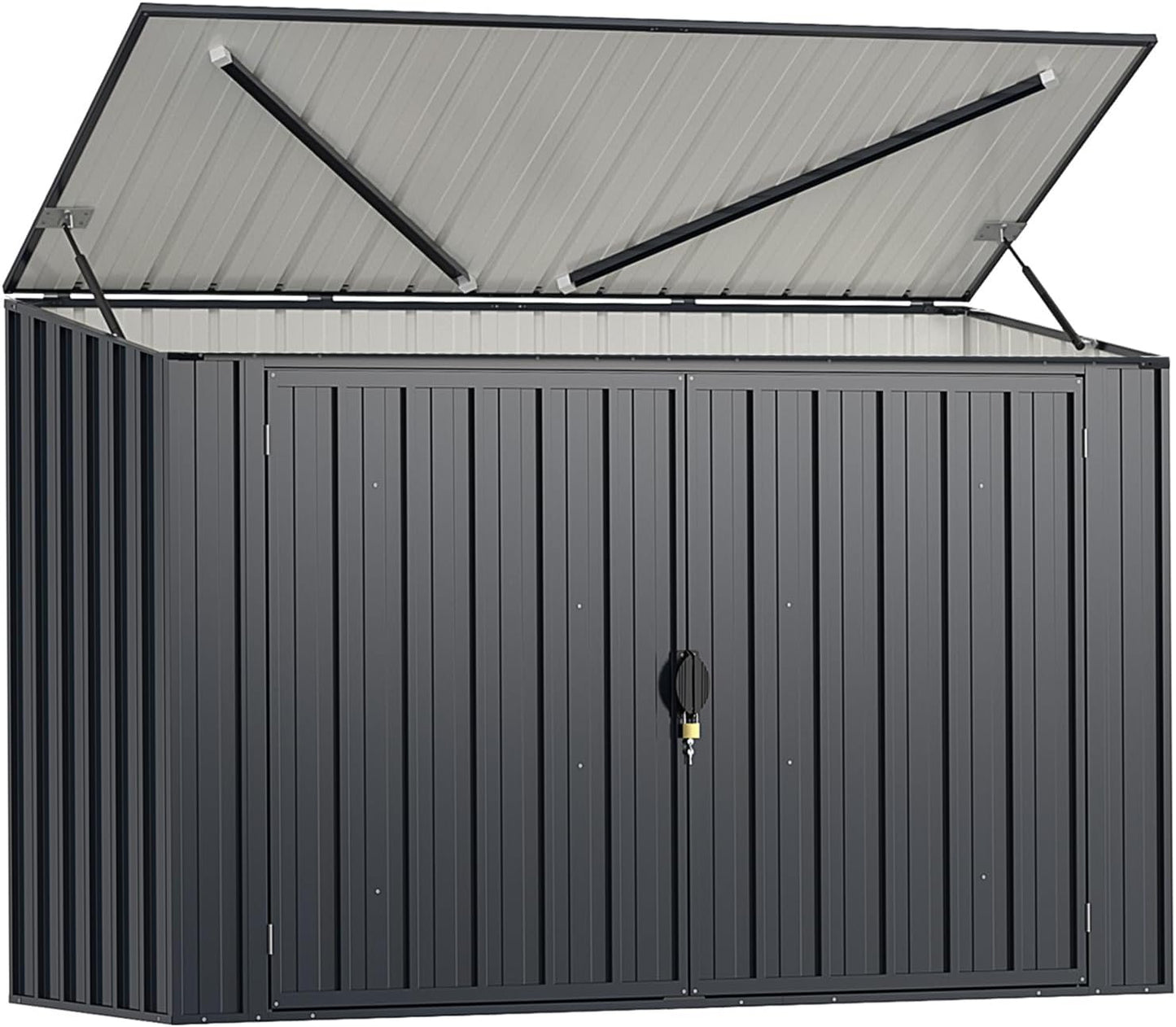 GOPLUS 1,9 m³ Caseta de Jardín de Acero Galvanizado, 193 x 86 x 127 cm, Cobertizo Exterior con Doble Puerta con Cerraduras, Palanca Hidráulica, Casa para Herramientas, Bicicletas, Cubos de Basura