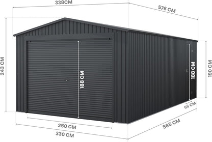 Wasabi - Garaje Metálico 19,52m2 Jarama – Portón Amplio Enrollable - Resguardo Exterior Coche - Cierre Seguridad Llave - Puerta Lateral Peatonal - Cochera Cobertizo Jardín Almacenaje – 576x338x243cm
