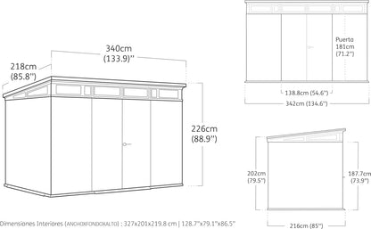 Keter Artisan Cobertizo de jardín de 11 x 7 cm, resistente a la intemperie, con suelo, techo inclinado, puertas dobles y ventanas, ideal para almacenamiento al aire libre, 342 x 218 x 226 cm, 13,7 m³,