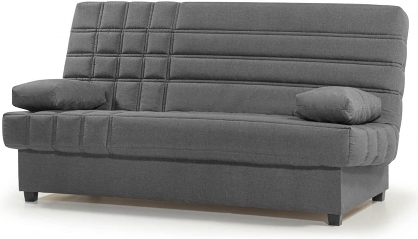 SHIITO - Sofá Cama de 3 Plazas con Arcón Interior - 100 x 193 x 100 cm - Modelo Romeo - con Apertura Clic-Clac - Incluye 2 Cojines - Color Gris Oscuro