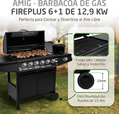 Amig - Barbacoa de gas Fireplus 6+1 de 12,9 kW - Acero inoxidable Negro - Parrilla con ruedas Modelo GRILL-6F - Barbacoa XXL con carro y termómetro - 138x52x103 cm - 7 quemadores y Bandeja lateral