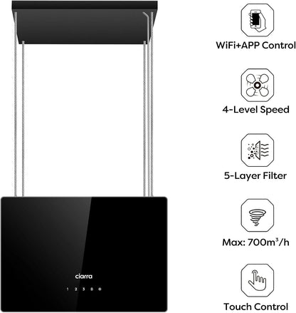 CIARRA CBCB4850 Campana Extractora en Isla sin Salida de Humos Clase A+++ 48cm 700m³/ h WiFi y Control Táctil Filtro de Carbón Incluido 4 Velocidades 2 Luces LED Negro