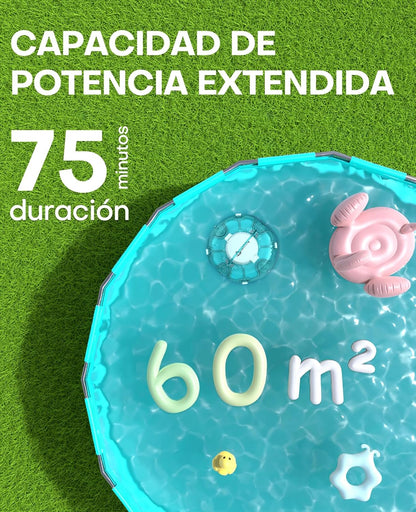 WINNY POOL CLEANER Winny 200 Limpiafondos Piscina, Inalámbrico Robot Limpiafondos Piscina, 75Min Autonomía, Piscinas Desmontables 60m², Doble Filtración, Estacionamiento Auto(Transparente Azul-Blanco)