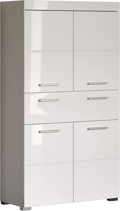 trendteam smart living Armario Alto para baño Amanda, 73 x 132 x 31 cm, en Blanco y Blanco de Brillo Intenso con cajón y abundante Espacio de Almacenamiento