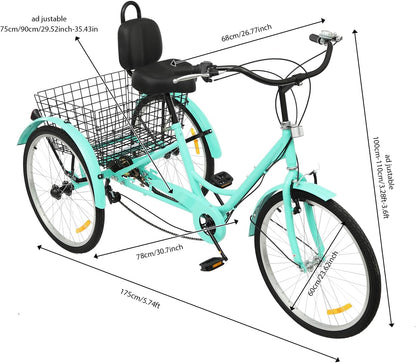 MccoMMon Triciclo de 24 pulgadas para adultos, 3 ruedas, triciclo de 7 velocidades, altura ajustable, bicicleta de carga para adultos, ancianos y mujeres