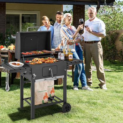 COSTWAY Barbacoa Carbon XXL, Barbacoa Portatil 128 x 54x 117 cm, Tapa, Termómetro, 2 Mesas Laterales Plegables, 8 Ganchos, 2 Ruedas y Abridor de Botellas
