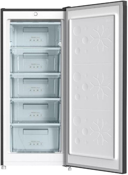 INFINITON Congelador Vertical CV-140L25XEQ, 145 Litros, E, Función Fast Freezing, Congelador 4****, cajón Flap, Tirador integrado, Puerta reversible, Inox