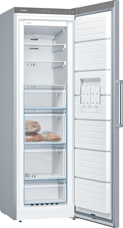 Bosch - Congelador Vertical NoFrost, Serie 4, alto 186 x ancho 60 cm, 242 L, Cajones BigBox para alimentos grandes, Sistema Multiairflow, Acero, GSN29VIEP