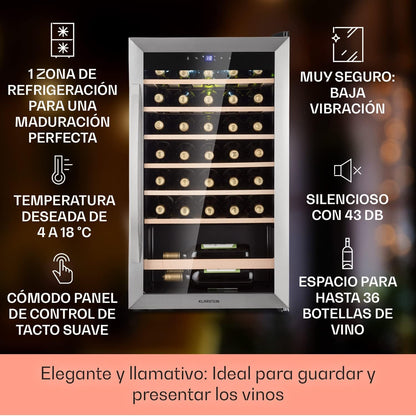 Klarstein Vinoteca 36 Botellas, Nevera Vinos, Una Zona de Refrigeración, Nevera Expositora Vino y Cerveza, Vinoteca Interior y Exterior con Puerta de Cristal, Nevera Vino con Protección UV, 4-18°C