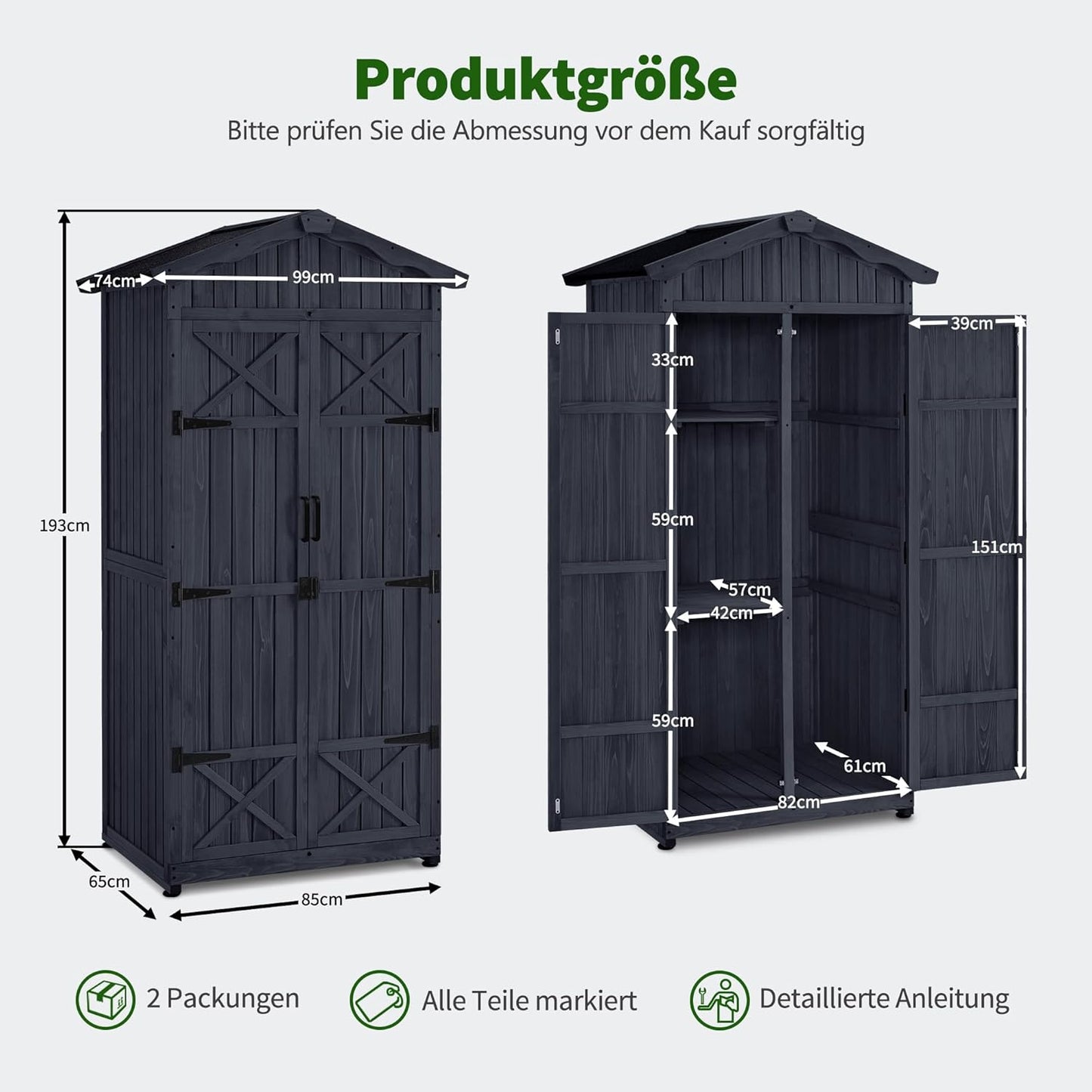 M MCombo Armario de jardín caseta de jardín de Madera Resistente a la Intemperie, Armario Exterior Impermeable con Suelo, para Uso Exterior balcón, 74×99×193 cm (Gris Antracita)