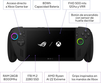 ASUS ROG Ally X - Consola Portátil Gaming 7" Full HD 120Hz (AMD Ryzen AI Z2 Extreme, 24GB RAM, 1TB SSD, Batería 80Wh, Windows 11, Consigue 3 meses gratis de Game Pass Premium) - Color Negro