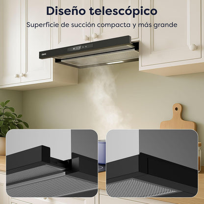 CIARRA CBCB6909A Campana Extractora Telescópica Negra Cocina 60 cm 600 m³ / h Clase A+ 3 Niveles Control Táctil Iluminación LED Filtro de Carbón CBCF055