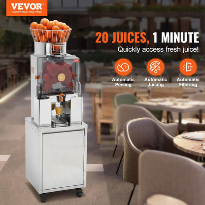 VEVOR Exprimidor de Cítricos Eléctrico 120 W Extractor de Zumo de Naranja Comercial Automático con Filtro Extraíble Cubo de Recolección de Cáscaras y Grifo para Restaurantes, Cafeterías, Fruterías