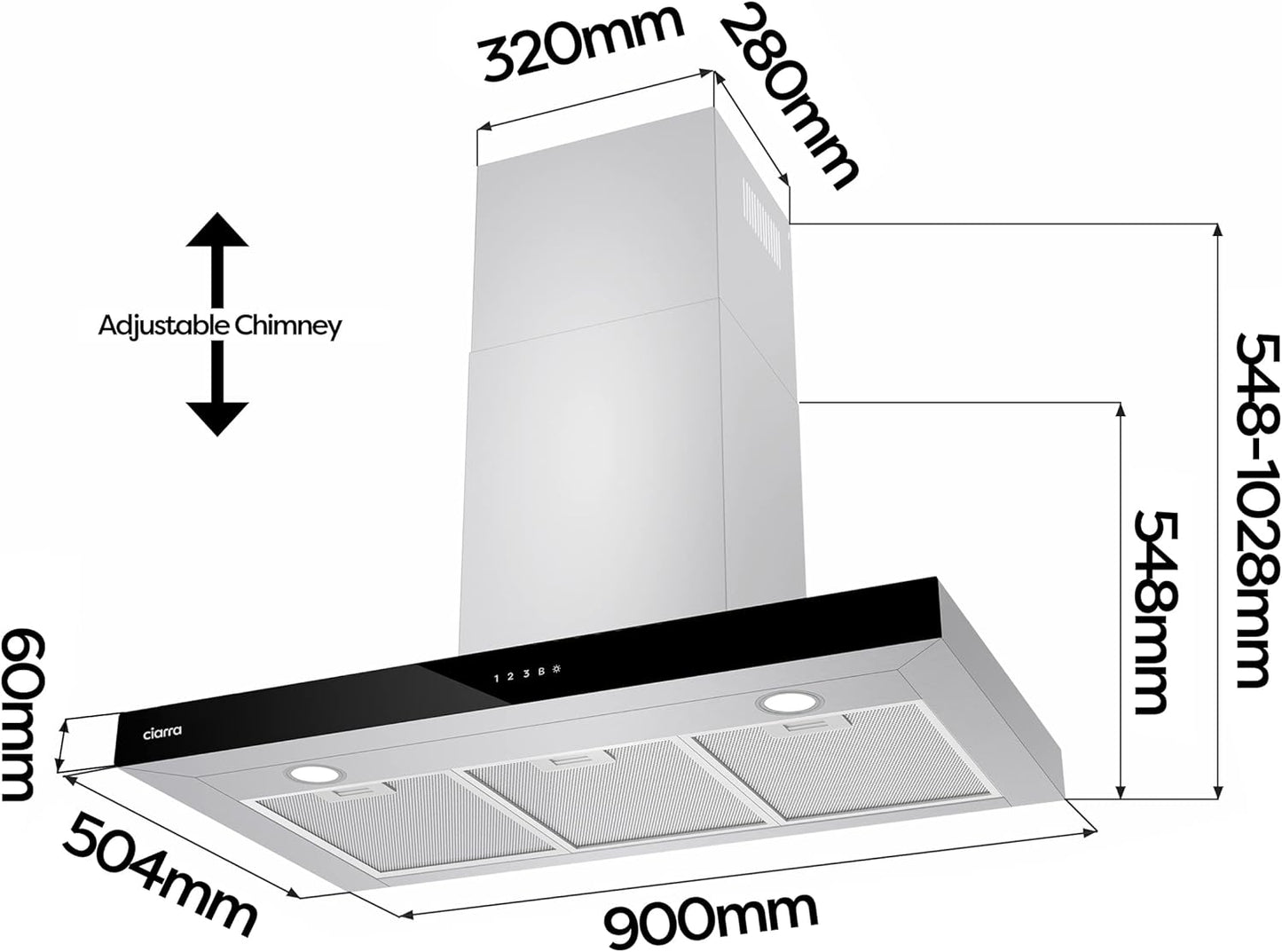 CIARRA CBCS9102 Campana Extractora 90 cm Clase A+++ 650 m³/h WIFI Control Táctil 4 Velocidades Evacuación al Exterior y Recirculación Interna por Filtro de Carbón CBCF003