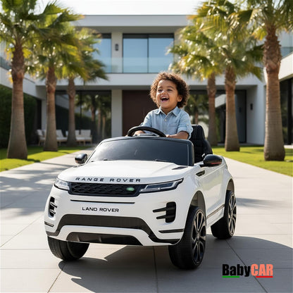 BabyCar Range Rover | Coche electrico para niños 12V con 2 Motores 35W | Coche Bateria con Mando Niño, Asiento de Piel, Puertas abatibles, MP4/USB | Licencia Oficial | Blanco