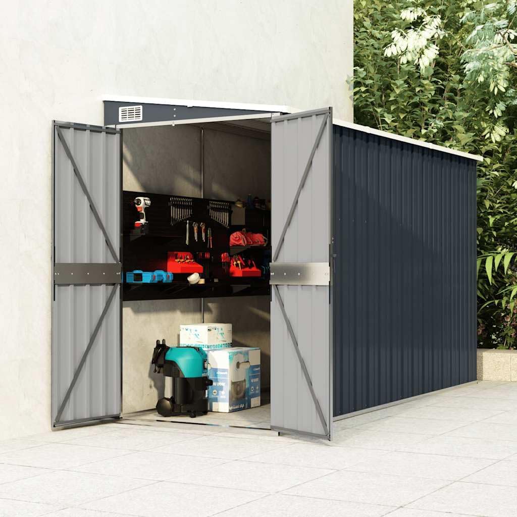 Caseta adosada Antracita, 118x288x178 cm, de Acero galvanizado, caseta de jardín metálica con Suelo, fijada a la Pared, cobertizo para Herramientas y Muebles de jardín.