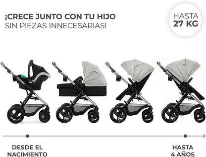 Kinderkraft MOOV XL 3 en 1, Carrito bebé hasta 27 kg, Carro, Con Asiento I-SIZE 40-75 cm, Plegable, Amortiguación, Convertible, Capazo XL, Con accesorios, Gris Claro