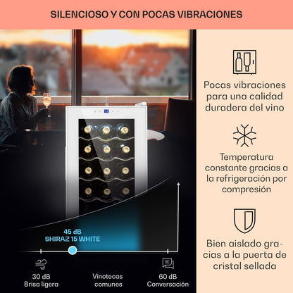 KLARSTEIN Vinoteca para Vinos de 44L Nevera Vino Una Zona, Botellas Vino, Proseco y Cervezas, Vinoteca Pequeña Puerta Cristal para Interior y Exterior, Nevera para Vinos Capacidad 15 Botellas