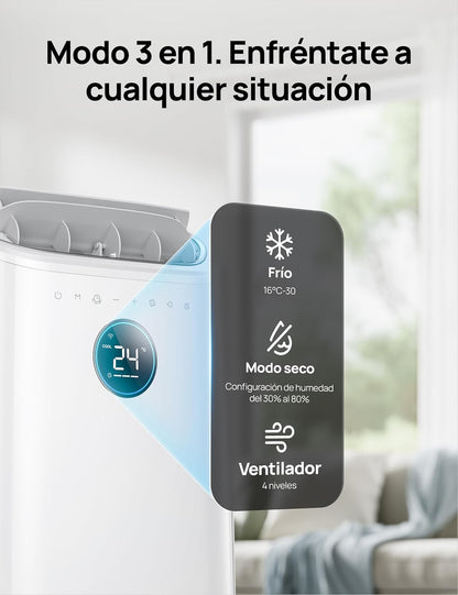DREO Aire Acondicionado Portátil de 10000 BTU para Habitación, Refrigeración sin Drenaje, Silencioso, Control por Aplicación/Voz, Temporizador de 24 Horas, con Ventilador y Deshumidificador