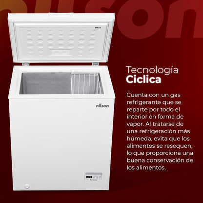 Nilson Congelador Horizontal Blanco NCH1500EDC. Capacidad 142 Litros, Dual Cooling, 4 Star, Modo Super Congelación, Tecnología Cíclica, Puerta Abatible, 1 Cesta, Bajo nivel Sonoro