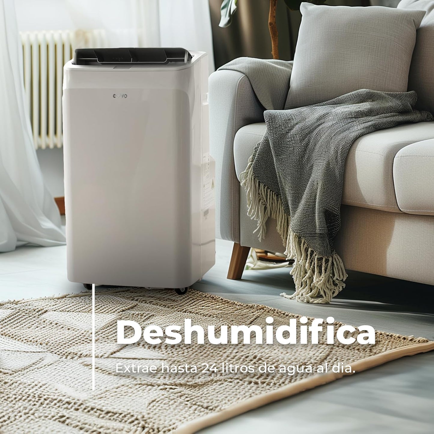 EVVO Aire Acondicionado Portatil Frío y Calor, Clase A, 12.000 BTU, Control Remoto y Temporizador 24h, 4 en 1, Deshumidificador, Ventilación, Hasta 26 m2. (Modelo: CLIMA P12 Frio y Calor)