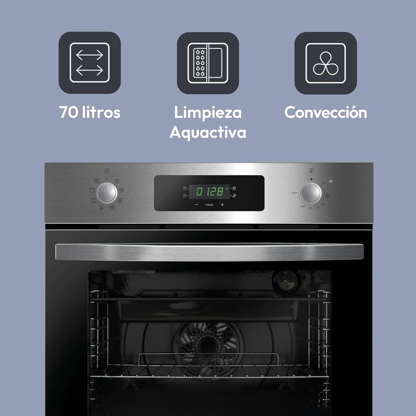 Candy FIDCP X625 L, Horno Multifunción, 70L, Bandeja y Rejilla, Limpieza Aquactiva, Convección + Ventilador radial, 8 Funciones, Display Timer Touch, Mandos Push&Pull, Puerta 2 Cristales, Inox y Negro