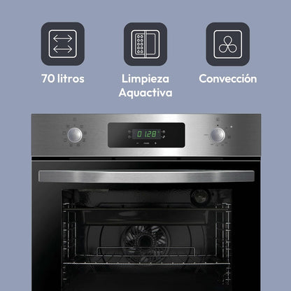 Candy FIDCP X625 L, Horno Multifunción, 70L, Bandeja y Rejilla, Limpieza Aquactiva, Convección + Ventilador radial, 8 Funciones, Display Timer Touch, Mandos Push&Pull, Puerta 2 Cristales, Inox y Negro