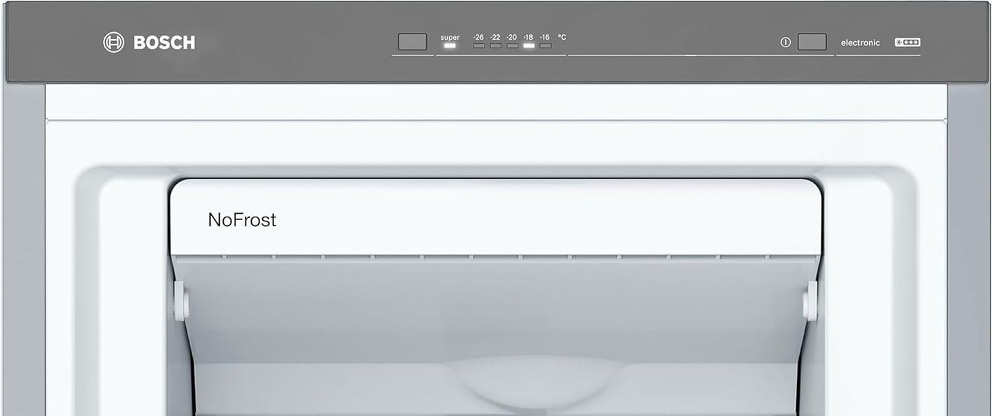 Bosch - Congelador Vertical NoFrost, Serie 4, alto 186 x ancho 60 cm, 242 L, Cajones BigBox para alimentos grandes, Sistema Multiairflow, Acero, GSN29VIEP