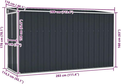 Caseta adosada Antracita, 118x288x178 cm, de Acero galvanizado, caseta de jardín metálica con Suelo, fijada a la Pared, cobertizo para Herramientas y Muebles de jardín.