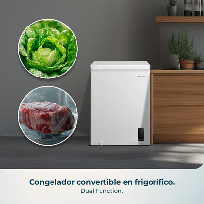 Cecotec Congelador Horizontal 143L Bolero CoolMarket Chest 143P White E. Cesta con Asas, Control Electrónico LED, UltraContact D-Cool, Dual Function, Puerta ZeroG (80º-30º), Fast Freezing, Compacto