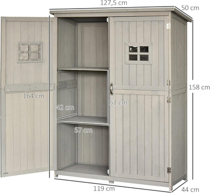 Outsunny Cobertizo de Madera Caseta Exterior Armario Herramientas de Jardinería Doble Puertas Techo Impermeable Compartimientos de Diferentes Tamaños 127.5x50x164cm Madera Maciza