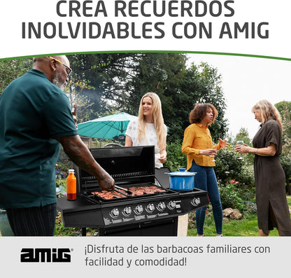 Amig - Barbacoa de gas Fireplus 6+1 de 12,9 kW - Acero inoxidable Negro - Parrilla con ruedas Modelo GRILL-6F - Barbacoa XXL con carro y termómetro - 138x52x103 cm - 7 quemadores y Bandeja lateral