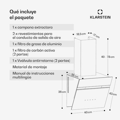KLARSTEIN Alina Campana Extractora - 570 m³/h, Clase A, LED, 54 dB, Recirculación & Extracción, Campana Cocina Decorativa, Control Táctil, 39.8 cm Ancho, Negro