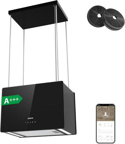 CIARRA CBCB4850 Campana Extractora en Isla sin Salida de Humos Clase A+++ 48cm 700m³/ h WiFi y Control Táctil Filtro de Carbón Incluido 4 Velocidades 2 Luces LED Negro