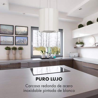 Klarstein Barett - Campana extractora aislada, Ø 35cm, Potencia de 190 W, Ventilación máxima de 590 m³/h, 3 niveles de potencia, CEE B, Iluminación LED, Acero inoxidable cepillado, Blanco
