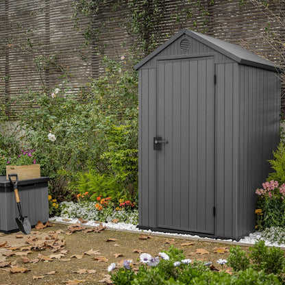 KETER Darwin 4x4 Caseta de jardín, 125.8 x 117 x 205 cm y 1.4 m2, Suelo, Sistema de ventilación, Puerta y Ventana, Resistente al Agua, Color Gris