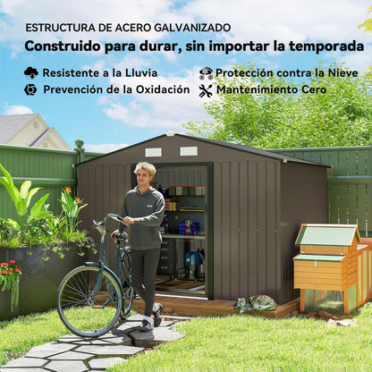 Outsunny Caseta de Jardín Exterior, 5 m² 277x195x192 cm, Cobertizo de Jardín Exterior Metálico con 2 Puertas Correderas, Base Refuerzo (Suelo NO Incluido) y 4 Ventanas, Marrón
