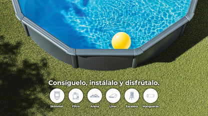 Gre KIT240GF Piscina de Acero Elevada, Redonda con Aspecto Acero Grafito, Piscinas Desmontables para Jardín, 240 x 120 cm, Kea