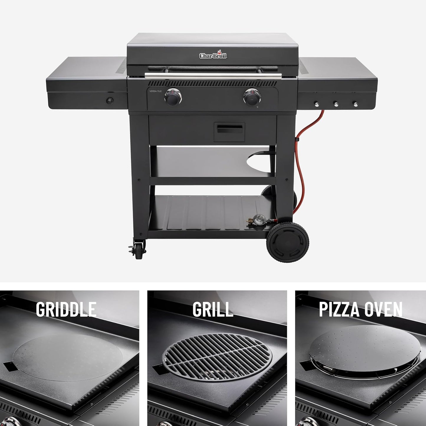 Char-Broil Barbacoa de Gas Versa-Tile, Plancha a Gas de 2 Zonas, Superficie de Cocción: 70 x 50 cm, Sistema de Módulos 3 en 1: Plancha, Parrilla y Horno para Pizza