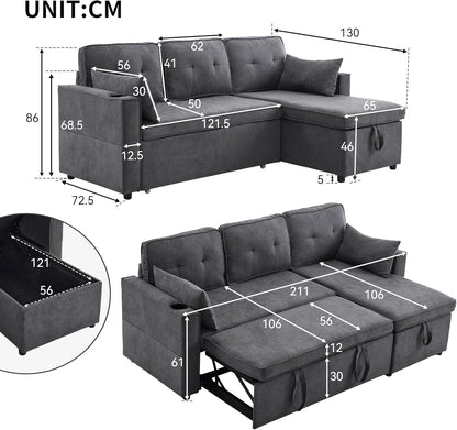 Sofá Cama 3 plazas con Portavasos y Bolsa Pasamanos Lateral, Sofá en Forma de L, Intercambiable a la Derecha y a la Izquierda, Gris