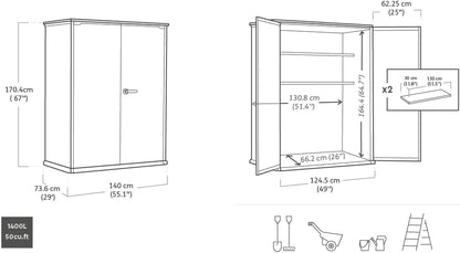 Keter High Store Plus- Cobertizo de jardín Exterior, 1400L, Color Gris, tecnología Duotech Paredes aptas para Pintar, 170.4 x 140 x 73.6 cm