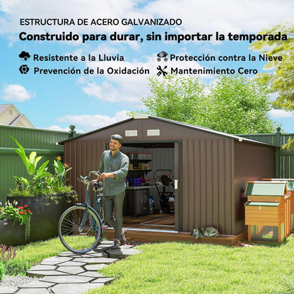 Outsunny Caseta de Jardín Exterior, 12,4 m² 340x386x200 cm, Cobertizo de Jardín Exterior Metálico con Techo de Fibra de Vidrio, Puerta Corredera, Base Refuerzo (Suelo NO Incluido) y Ventanas Marrón